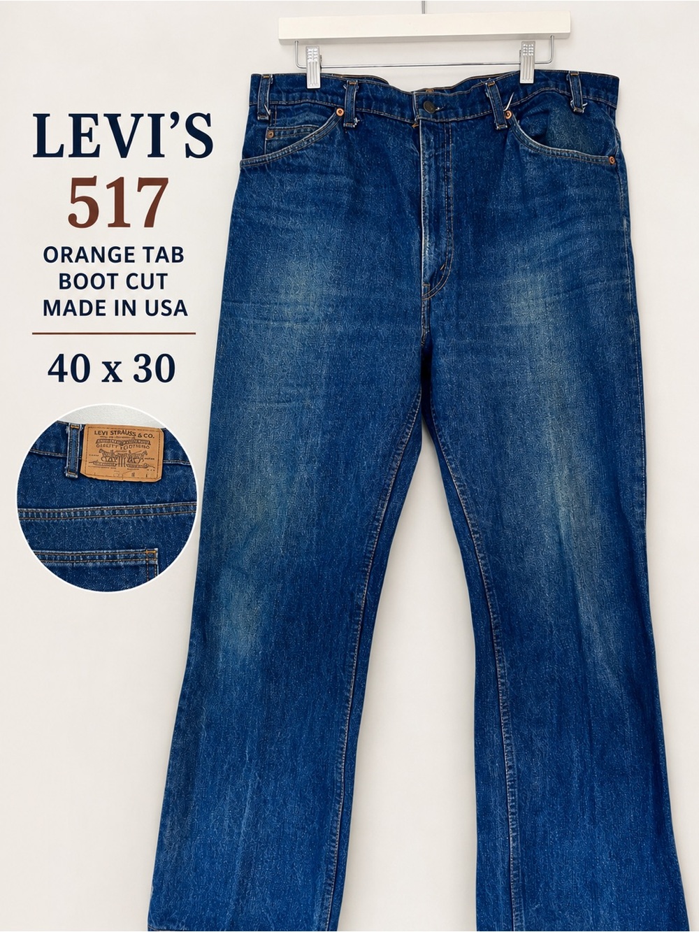 VTG 80s  Levi's 517  Orange Tab Bootcut Blue Jeans Men’s 40x30 Made in USA